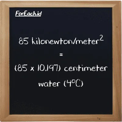 How to convert kilonewton/meter<sup>2</sup> to centimeter water (4<sup>o</sup>C): 85 kilonewton/meter<sup>2</sup> (kN/m<sup>2</sup>) is equivalent to 85 times 10.197 centimeter water (4<sup>o</sup>C) (cmH2O)